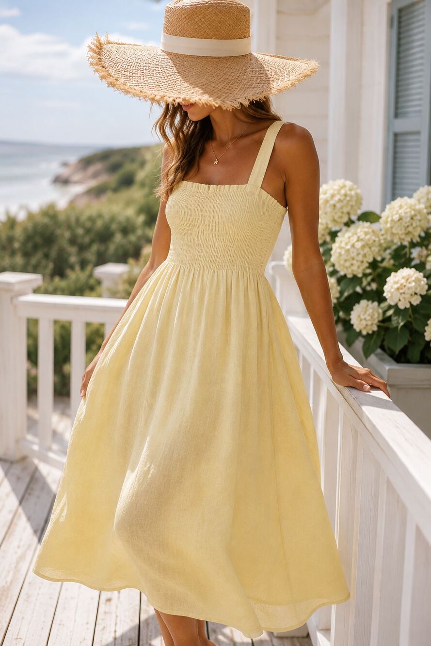 Made in Italy Linen Midi Dress Women Yellow Smocked Boho Sundress Size M